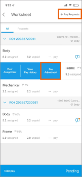 Screenshot of the Worksheet screen with the Pay Adjustment and Pay Request button highlighted.